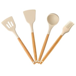 silicone kitchen spatula  non-stick heat-resistant cooking amp serving tools with wooden handles  turner spoon amp multi-purpose baking utensils set of 4 cream