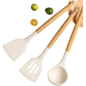 cream silicon spatula set 3  non-stick  wooden handle  turner serving spoon