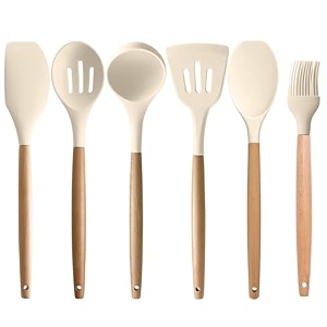 silicon spatula set for kitchen - non-stick cooking utensils with wooden handle - turner serving spoon and combs for kitchen tools set of 6 cream