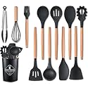 Silicon Spatula for Kitchen | Non-Stick | Cooking Spatulas with Wooden Handle | Turner Serving Cooking Spoon | Combs for Kitchen Tools Set (Set of 12 Black)