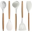 Cream Silicon Spatula Set | Non-Stick | Cooking Spatulas with Wooden Handle | Turner Serving Cooking Spoon Set (5)