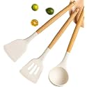 Cream Silicon Spatula Set (3) | Non-Stick | Wooden Handle | Turner Serving Spoon