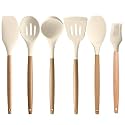 Silicon Spatula Set for Kitchen - Non-Stick Cooking Utensils With Wooden Handle - Turner, Serving Spoon, and Combs for Kitchen Tools (Set of 6 Cream)