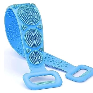 silicone back scrubber with massage nodes double-sided exfoliating belt for body blue