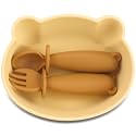 Silicone Bear Shaped Baby Bowl with Suction, Spoon &amp; Fork for Babies 6+ Months, Infant Feeding BLW Baby Essentials Must Haves, BPA Free, Dishwasher Safe (Very Bear)
