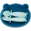 Silicone Bowl Suction with Spoon and Fork for Babies 6 months+ Suction Bowls for Baby Utensils 6-12M+ BLW Baby Essentials Newborn Essentials Must Haves (Aquamarine)