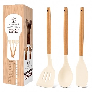 silicone spatula  kitchen utensils  non-stick safe cooking spoons  bpa free  heat resistant  ladles turner  serving dining  wood spoon 1 year brand warranty  ivory set of 3