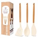 Silicone Spatula | Kitchen Utensils | Non-Stick Safe Cooking Spoons | BPA Free | Heat Resistant | Ladles, Turner | Serving Dining | Wood Spoon |1 Year Brand Warranty | (Ivory Set of 3)