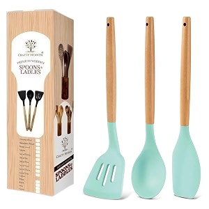 silicone spoon set for kitchen  non stick spoons for cooking  wood cooking spoons  bpa free  high heat resistant  ladles turner serving spoon 1 year brand warranty mint green