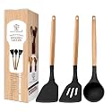 Silicone Spatula Set | Silicone Spoon Set for Kitchen | Non-Stick Safe Cooking Spoons | BPA Free | High Heat Resistant | Wooden Handle |1 Year Brand Warranty | Set of 3 (Black)