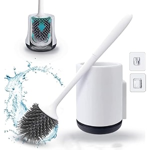 silicone toilet brush amp holder set wall mounted easy to deep clean bathroom brush silicone toilet cleaning brush with strong handle no-slip soft bristle round pack of 2