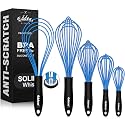 Eddeas Silicone Whisk, Non Scratch Whisk for Cooking, 5+7+9+11in Balloon Whisks, Suitable for Mixing, Blending. 11in Flat Whisks great for Ceramic Coated pans and Wider shallower pots. (Blue)