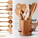 SiliFine 11 Pcs Acacia Wood Kitchen Utensil Set with 360° Rotating Holder