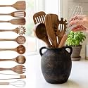 SiliFine 11 Pcs Vintage Utensil Set Ceramic Holder Acacia Wood, All in One