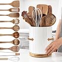 Silifine 11 Pcs Wood Kitchen Utensils Set, 360° Rotating Holder, White