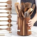 Silifine 11 Pcs Wood Kitchen Utensils Set, 360° Rotating Holder, Natural