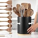 SiliFine 11 Pcs Wood Utensil Set Rotating Holder Straight Black