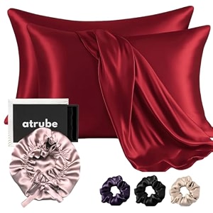 atrube silk bonnet for hair with 3 satin scrunchies satin bonnet for curly hair with 2 pack pillow covers adjustable hair bonnet best gift combo pack red
