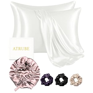 atrube silk bonnet for hair with 3 satin scrunchies satin bonnet for curly hair with 2 pack pillow covers adjustable hair bonnet best gift combo pack white