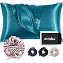 Atrube Silk Bonnet for Hair with 3 Satin Scrunchies, Satin Bonnet for Curly Hair with 2 Pack Pillow Covers, Adjustable Hair Bonnet, Best Gift Combo Pack (Teal)