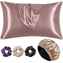 Atrube Silk Bonnet for Hair with 3 Satin Scrunchies, Satin Bonnet for Curly Hair with 2 Pack Pillow Covers, Adjustable Hair Bonnet, Best Gift Combo Pack (Beige)