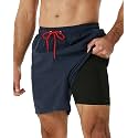 SILKWORLD Mens Swimming Trunks with Compression Liner and Zipper Pockets