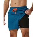 SILKWORLD Mens Swimming Trunks with Compression Liner and Zipper Pockets