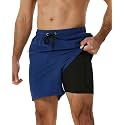 SILKWORLD Mens Swimming Trunks with Compression Liner and Zipper Pockets