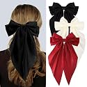 Silky Satin Hair Bows, Oversized Long Tail Bows with Barrette Clips, Coquette Hair Accessories for Women and Girls (Black - Beige - Burgundy)