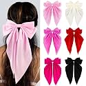 Silky Satin Hair Bows, Oversized Long Tail Bows with Barrette Clips, Coquette Hair Accessories for Women and Girls (Black-Red-Hot Pink-Pink-L. Pink-Beige)