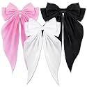 Silky Satin Hair Bows, Oversized Long Tail Bows with Barrette Clips, Coquette Hair Accessories for Women and Girls (Black - White - Light Pink)