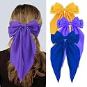 Silky Satin Hair Bows, Oversized Long Tail Bows with Barrette Clips, Coquette Hair Accessories for Women and Girls (Royal Blue - Yellow - Purple)