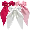 Silky Satin Hair Bows, Oversized Long Tail Bows with Barrette Clips, Coquette Hair Accessories for Women and Girls (Hot Pink Light Pink White)