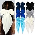 Silky Satin Hair Bows, Oversized Long Tail Bows with Barrette Clips, Coquette Hair Accessories for Women and Girls (Black-N Blue- R Grey -L Beige)