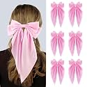 Silky Satin Hair Bows, Oversized Long Tail Bows with Barrette Clips, Coquette Hair Accessories for Women and Girls (Pink 6pk)