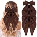 Silky Satin Hair Bows, Oversized Long Tail Bows with Barrette Clips, Coquette Hair Accessories for Women and Girls (Brown 3P)