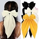 Silky Satin Hair Bows, Oversized Long Tail Bows with Barrette Clips, Coquette Hair Accessories for Women and Girls (Black - Beige - Yellow)
