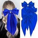 Silky Satin Hair Bows, Oversized Long Tail Bows with Barrette Clips, Coquette Hair Accessories for Women and Girls (Royal Blue 3P)