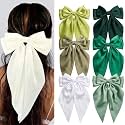 Silky Satin Hair Bows, Oversized Long Tail Bows with Barrette Clips, Coquette Hair Accessories for Women and Girls (Lime-Olive-White-Forest-Jade-Mint)