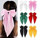 Silky Satin Hair Bows, Oversized Long Tail Bows with Barrette Clips, Coquette Hair Accessories for Women and Girls (Black-Yellow-Green-Red-L. Pink-White)