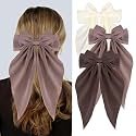 Silky Satin Hair Bows, Oversized Long Tail Bows with Barrette Clips, Coquette Hair Accessories for Women and Girls (Dark Brow - Kaki - Beige)