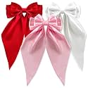 Silky Satin Hair Bows, Oversized Long Tail Bows with Barrette Clips, Coquette Hair Accessories for Women and Girls (Red - Light Pink - White)