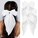 Silky Satin Hair Bows, Oversized Long Tail Bows with Barrette Clips, Coquette Hair Accessories for Women and Girls (White 3P)