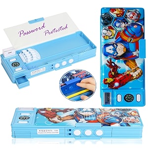 sillyme plastic password pencil box with lockgeometry box with compass amp pop up sharpener - school box for boys - double sided super heroblue