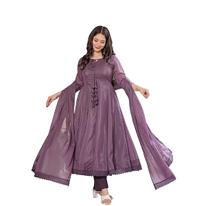silver tone georgette anarkali lace embellished kurta pant with dupatta set