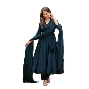 silver tone georgette anarkali lace embellished kurta pant with dupatta set