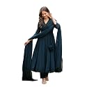 Silver Tone Georgette Anarkali Lace Embellished kurta Pant With Dupatta Set