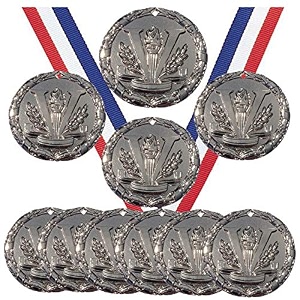 silver victory winner champion medals trophy champion participant award prize with neck ribbons pack of 10