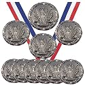 Silver Victory Winner Champion Medals Trophy Champion Participant Award Prize with Neck Ribbons (Pack of 10)