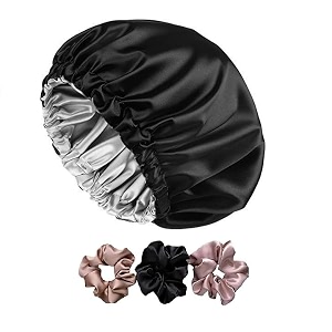 simmi silk hair cap for sleeping with 3 satin scrunchies - adjustable bonnet for curly hair black